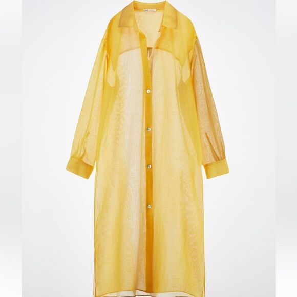 Zara yellow silk and linen blend oversized shirt dress - Picture 1 of 5